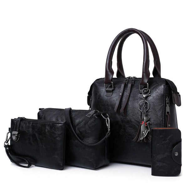 Mother-to-leather oil leather four-piece women's handbag