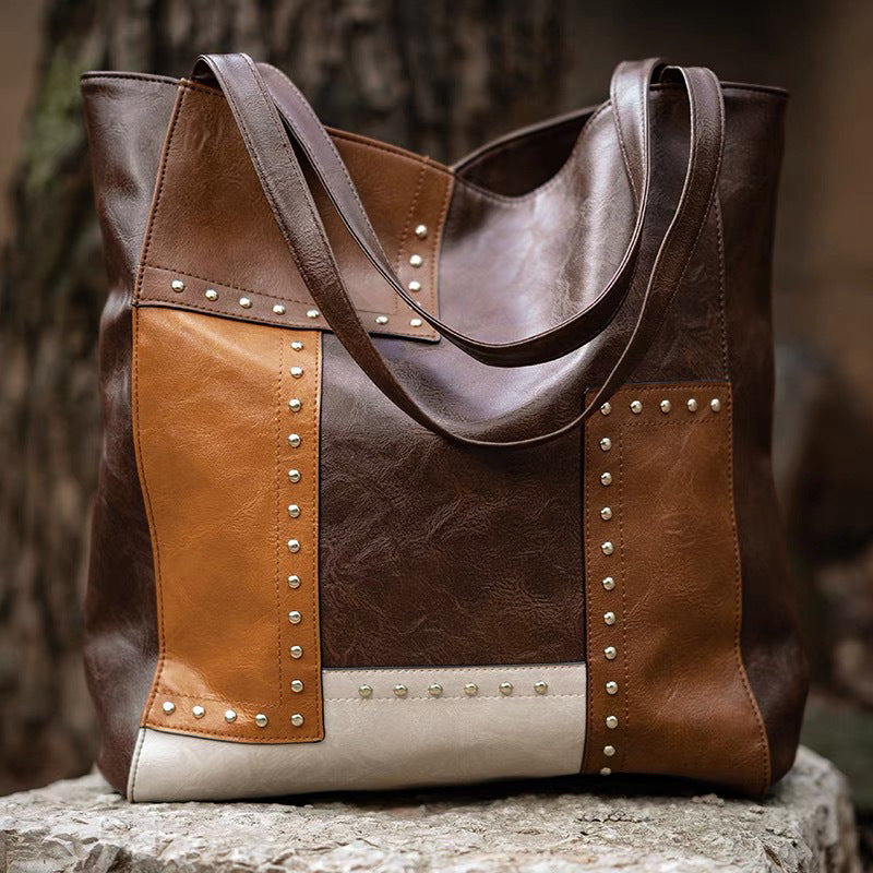 Cross-border European and American retro waxed soft leather large-capacity casual tote bag rivet stitching women's shoulder bag